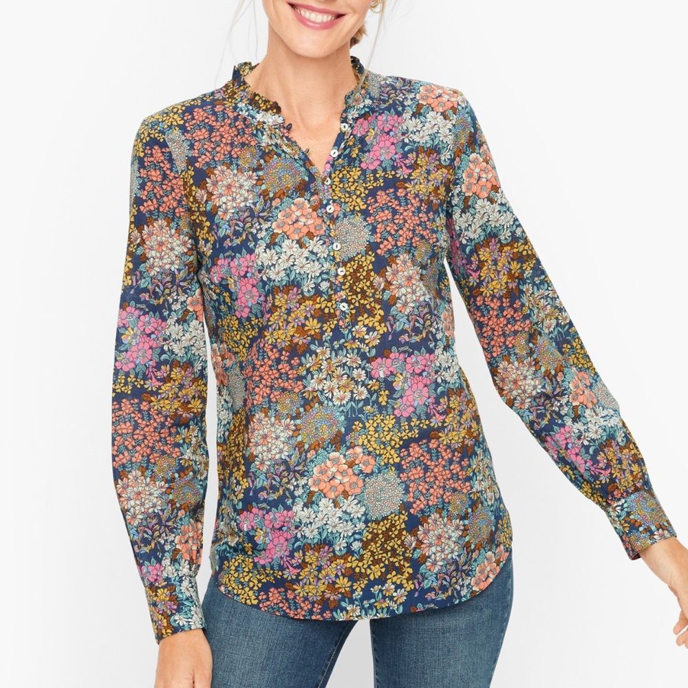 Talbots RUFFLE BAND COLLAR COTTON POPLIN Floral POPOVER colorful women’s top 1X